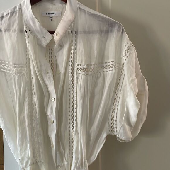 Frame button up short sleeve white with crochet belted dress medium - Picture 10 of 16